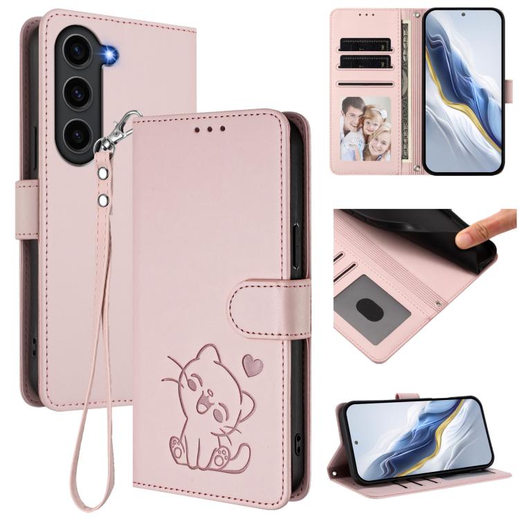 Embossed Heart Cat Leather Phone Case with Hand Strap, For Samsung Galaxy S23 5G, For Samsung Galaxy S20 FE, For Samsung Galaxy S22 Ultra 5G, For Samsung Galaxy S22+ 5G