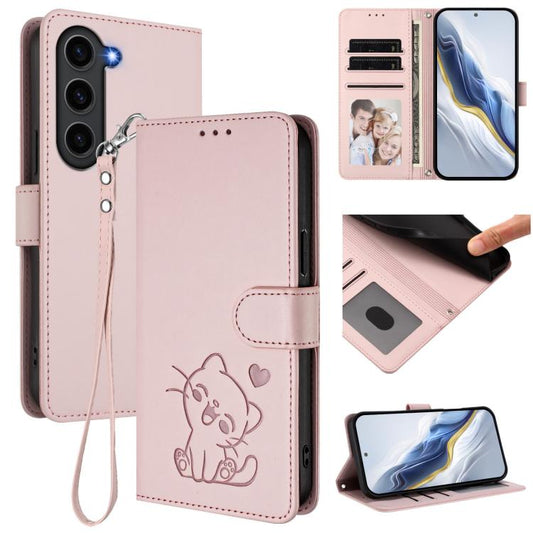 Embossed Heart Cat Leather Phone Case with Hand Strap, For Samsung Galaxy S23 5G, For Samsung Galaxy S20 FE, For Samsung Galaxy S22 Ultra 5G, For Samsung Galaxy S22+ 5G