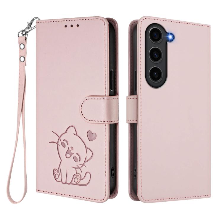 Embossed Heart Cat Leather Phone Case with Hand Strap, For Samsung Galaxy S23 5G, For Samsung Galaxy S20 FE, For Samsung Galaxy S22 Ultra 5G, For Samsung Galaxy S22+ 5G