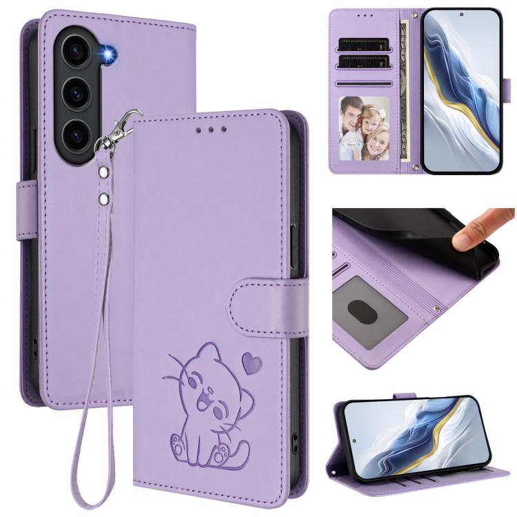 Embossed Heart Cat Leather Phone Case with Hand Strap, For Samsung Galaxy S23 5G, For Samsung Galaxy S20 FE, For Samsung Galaxy S22 Ultra 5G, For Samsung Galaxy S22+ 5G