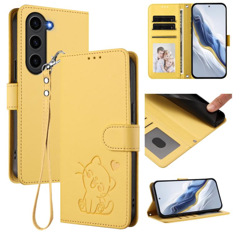 Embossed Heart Cat Leather Phone Case with Hand Strap, For Samsung Galaxy S24 Ultra 5G, For Samsung Galaxy S23 FE 5G, For Samsung Galaxy S23 Ultra 5G, For Samsung Galaxy S23+ 5G