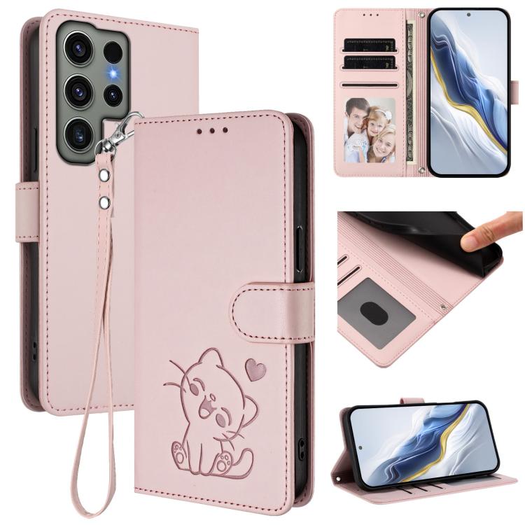 Embossed Heart Cat Leather Phone Case with Hand Strap, For Samsung Galaxy S24 Ultra 5G, For Samsung Galaxy S23 FE 5G, For Samsung Galaxy S23 Ultra 5G, For Samsung Galaxy S23+ 5G