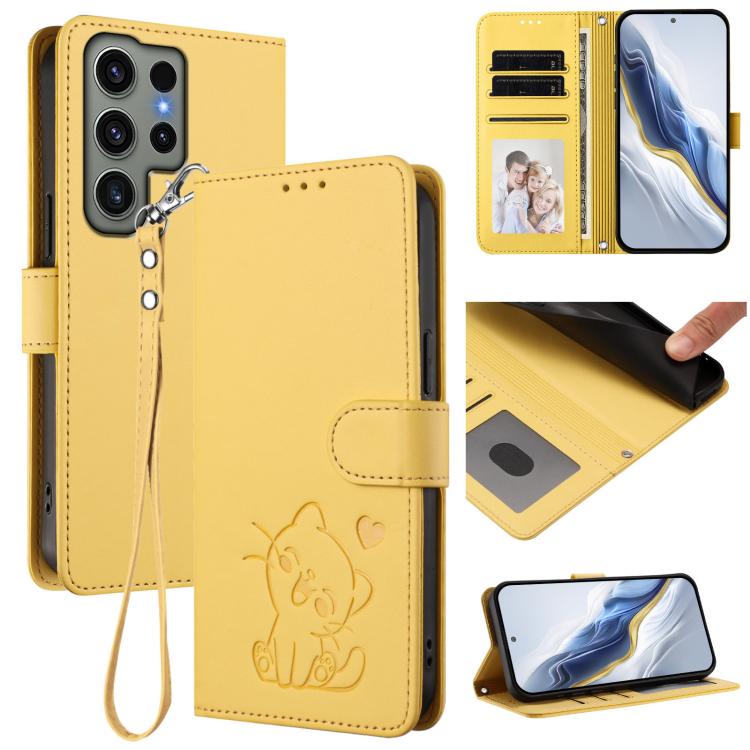 Embossed Heart Cat Leather Phone Case with Hand Strap, For Samsung Galaxy S24 Ultra 5G, For Samsung Galaxy S23 FE 5G, For Samsung Galaxy S23 Ultra 5G, For Samsung Galaxy S23+ 5G