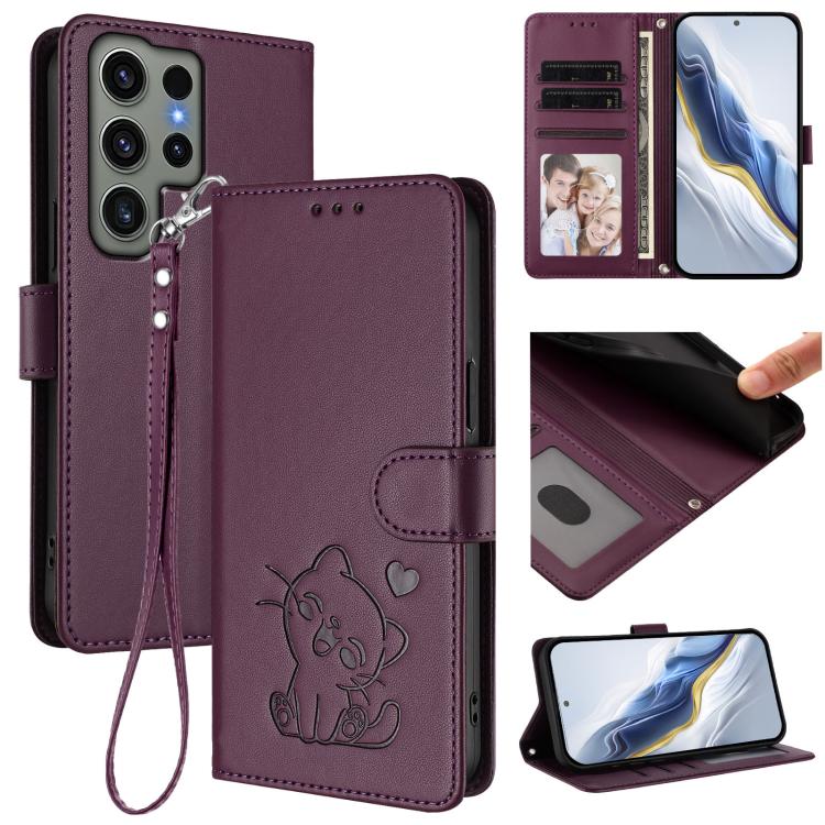 Embossed Heart Cat Leather Phone Case with Hand Strap, For Samsung Galaxy S24 Ultra 5G, For Samsung Galaxy S23 FE 5G, For Samsung Galaxy S23 Ultra 5G, For Samsung Galaxy S23+ 5G