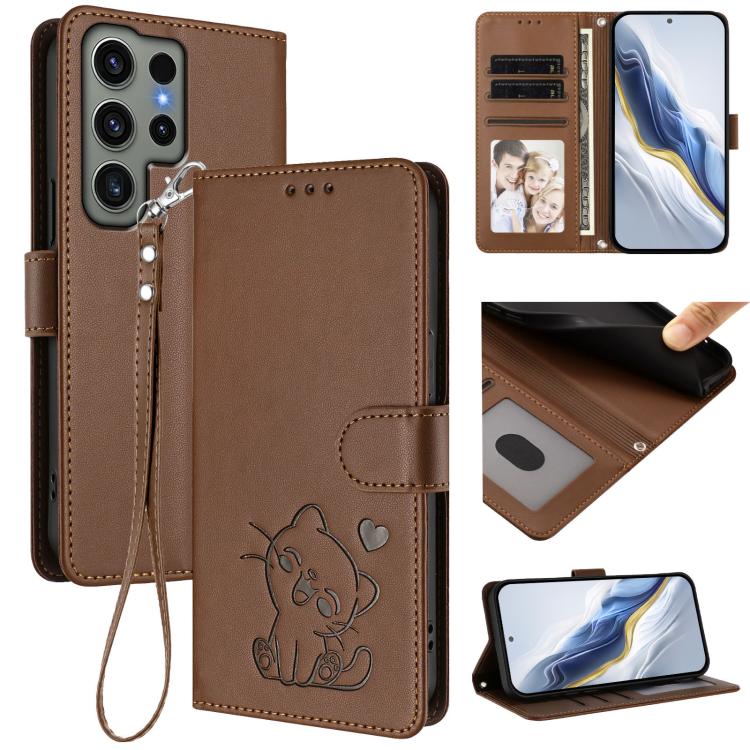 Embossed Heart Cat Leather Phone Case with Hand Strap, For Samsung Galaxy S24 Ultra 5G, For Samsung Galaxy S23 FE 5G, For Samsung Galaxy S23 Ultra 5G, For Samsung Galaxy S23+ 5G