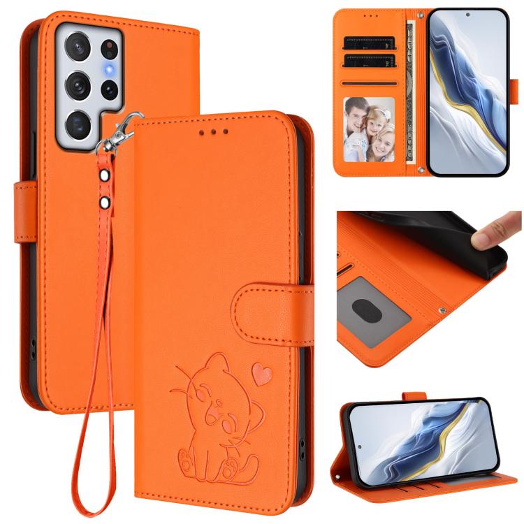 Embossed Heart Cat Leather Phone Case with Hand Strap, For Samsung Galaxy S23 5G, For Samsung Galaxy S20 FE, For Samsung Galaxy S22 Ultra 5G, For Samsung Galaxy S22+ 5G