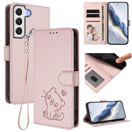 Embossed Heart Cat Leather Phone Case with Hand Strap, For Samsung Galaxy S22 5G, For Samsung Galaxy S21 FE 5G, For Samsung Galaxy S21 5G, For Samsung Galaxy S21+ 5G