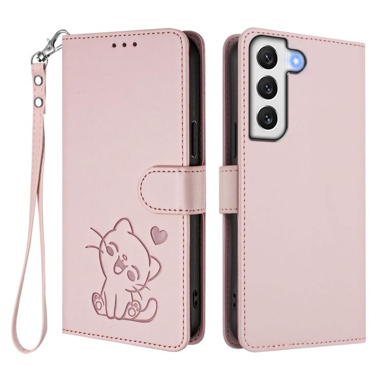 Embossed Heart Cat Leather Phone Case with Hand Strap, For Samsung Galaxy S22 5G, For Samsung Galaxy S21 FE 5G, For Samsung Galaxy S21 5G, For Samsung Galaxy S21+ 5G