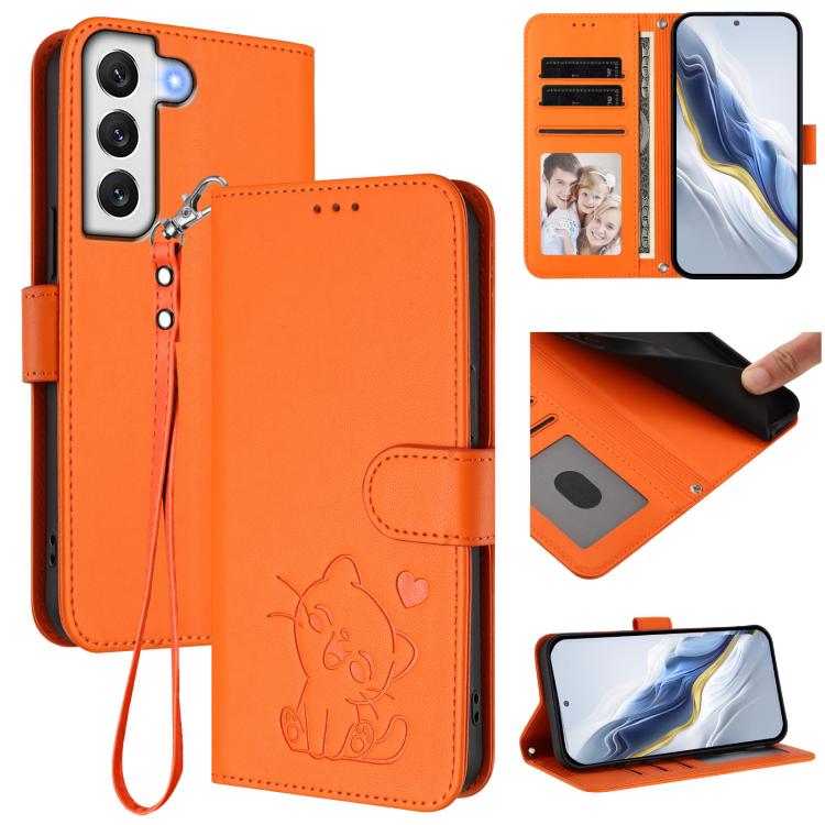 Embossed Heart Cat Leather Phone Case with Hand Strap, For Samsung Galaxy S22 5G, For Samsung Galaxy S21 FE 5G, For Samsung Galaxy S21 5G, For Samsung Galaxy S21+ 5G
