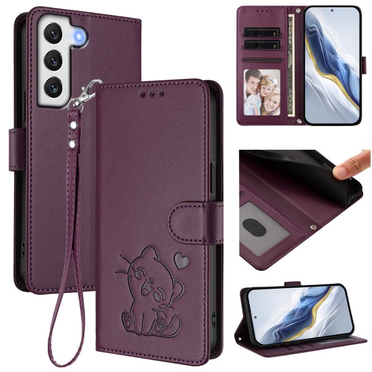 Embossed Heart Cat Leather Phone Case with Hand Strap, For Samsung Galaxy S23 5G, For Samsung Galaxy S20 FE, For Samsung Galaxy S22 Ultra 5G, For Samsung Galaxy S22+ 5G