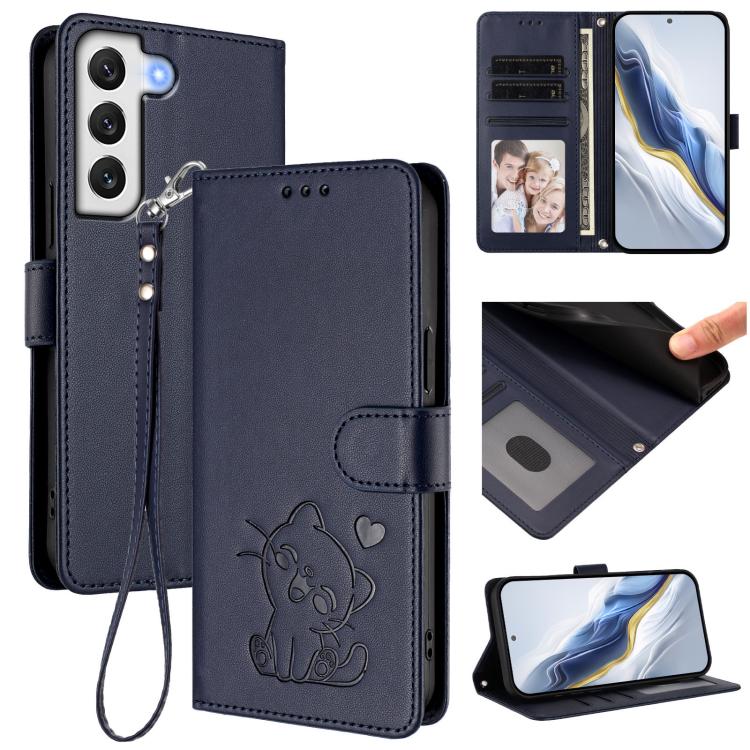 Embossed Heart Cat Leather Phone Case with Hand Strap, For Samsung Galaxy S23 5G, For Samsung Galaxy S20 FE, For Samsung Galaxy S22 Ultra 5G, For Samsung Galaxy S22+ 5G