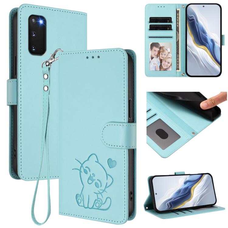 Embossed Heart Cat Leather Phone Case with Hand Strap, For Samsung Galaxy S23 5G, For Samsung Galaxy S20 FE, For Samsung Galaxy S22 Ultra 5G, For Samsung Galaxy S22+ 5G