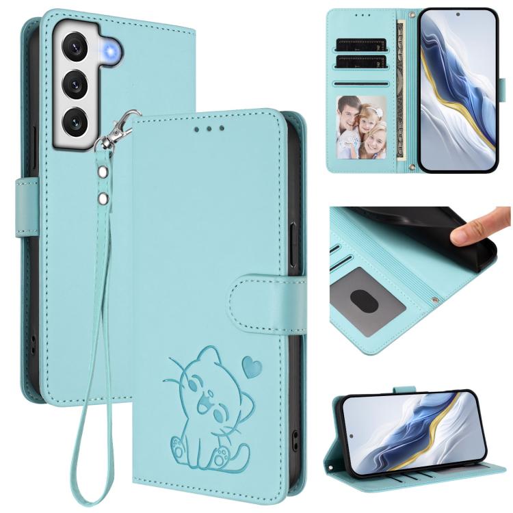 Embossed Heart Cat Leather Phone Case with Hand Strap, For Samsung Galaxy S22 5G, For Samsung Galaxy S21 FE 5G, For Samsung Galaxy S21 5G, For Samsung Galaxy S21+ 5G