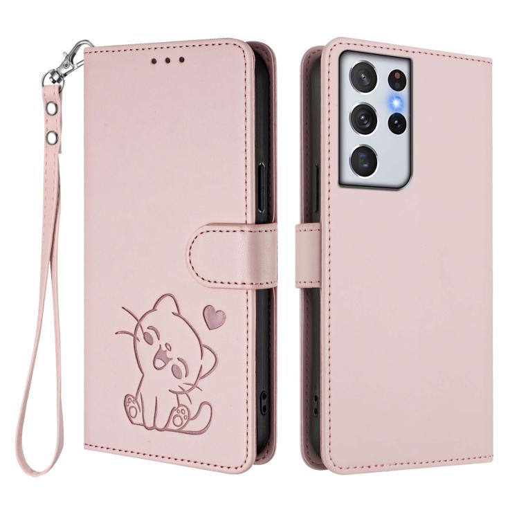 Embossed Heart Cat Leather Phone Case with Hand Strap, For Samsung Galaxy S21 Ultra 5G