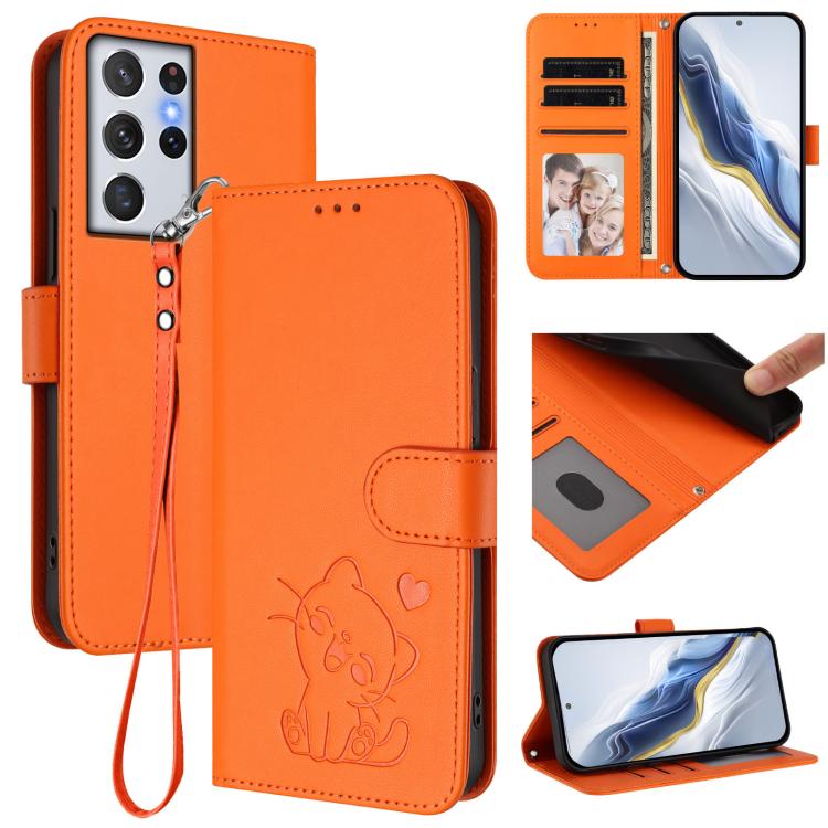 Embossed Heart Cat Leather Phone Case with Hand Strap, For Samsung Galaxy S21 Ultra 5G