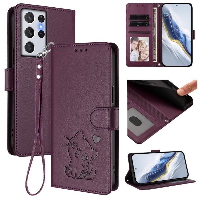 Embossed Heart Cat Leather Phone Case with Hand Strap, For Samsung Galaxy S21 Ultra 5G