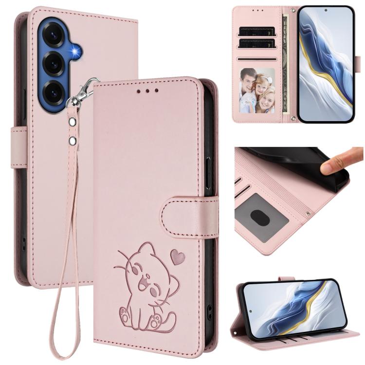 Embossed Heart Cat Leather Phone Case with Hand Strap, For Galaxy S26 FE 5G, For Samsung Galaxy S26+ 5G, For Samsung Galaxy S25 FE 5G, For Samsung Galaxy S25 Edge 5G