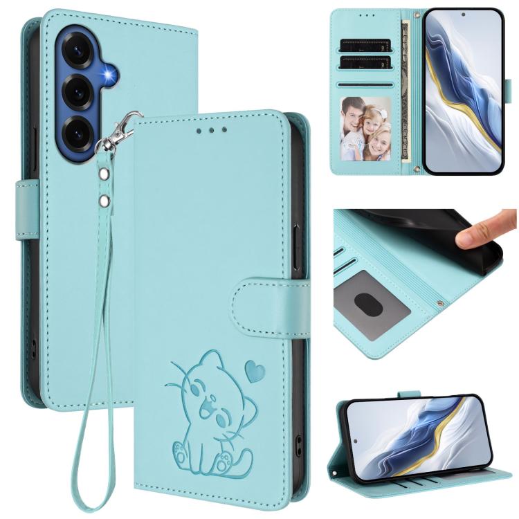 Embossed Heart Cat Leather Phone Case with Hand Strap, For Galaxy S26 FE 5G, For Samsung Galaxy S26+ 5G, For Samsung Galaxy S25 FE 5G, For Samsung Galaxy S25 Edge 5G
