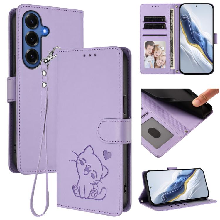 Embossed Heart Cat Leather Phone Case with Hand Strap, For Galaxy S26 FE 5G, For Samsung Galaxy S26+ 5G, For Samsung Galaxy S25 FE 5G, For Samsung Galaxy S25 Edge 5G