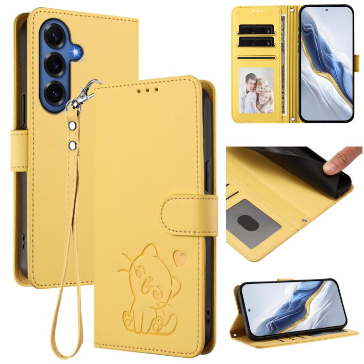 Embossed Heart Cat Leather Phone Case with Hand Strap, For Galaxy S26 FE 5G, For Samsung Galaxy S26+ 5G, For Samsung Galaxy S25 FE 5G, For Samsung Galaxy S25 Edge 5G