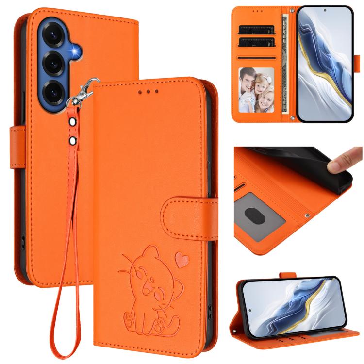 Embossed Heart Cat Leather Phone Case with Hand Strap, For Galaxy S26 FE 5G, For Samsung Galaxy S26+ 5G, For Samsung Galaxy S25 FE 5G, For Samsung Galaxy S25 Edge 5G
