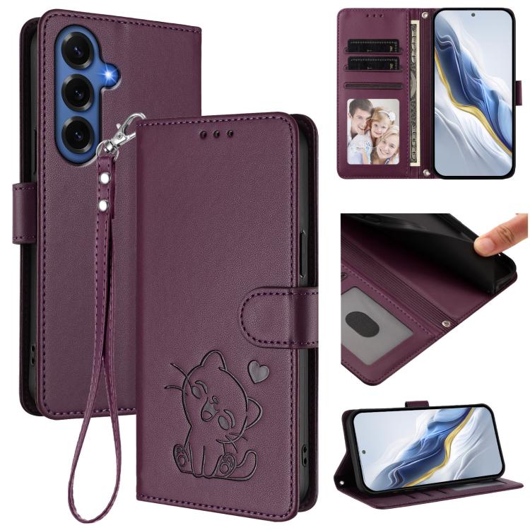 Embossed Heart Cat Leather Phone Case with Hand Strap, For Galaxy S26 FE 5G, For Samsung Galaxy S26+ 5G, For Samsung Galaxy S25 FE 5G, For Samsung Galaxy S25 Edge 5G