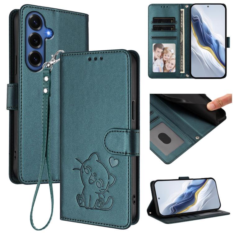 Embossed Heart Cat Leather Phone Case with Hand Strap, For Galaxy S26 FE 5G, For Samsung Galaxy S26+ 5G, For Samsung Galaxy S25 FE 5G, For Samsung Galaxy S25 Edge 5G