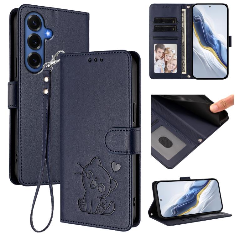 Embossed Heart Cat Leather Phone Case with Hand Strap, For Galaxy S26 FE 5G, For Samsung Galaxy S26+ 5G, For Samsung Galaxy S25 FE 5G, For Samsung Galaxy S25 Edge 5G