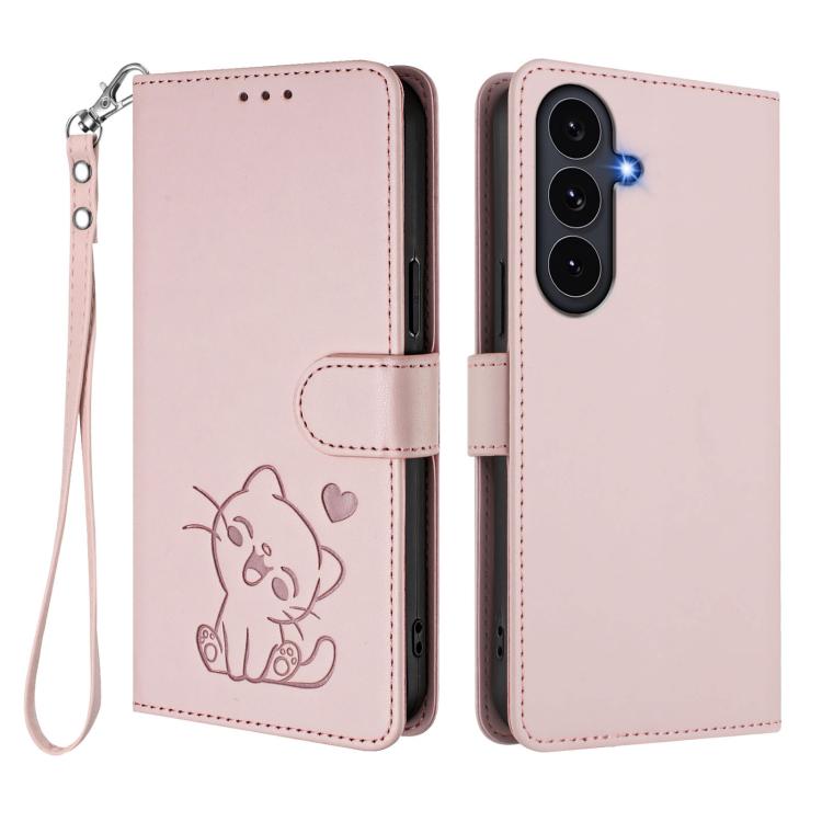 Embossed Heart Cat Leather Phone Case with Hand Strap, For Galaxy S26 FE 5G, For Samsung Galaxy S26+ 5G, For Samsung Galaxy S25 FE 5G, For Samsung Galaxy S25 Edge 5G