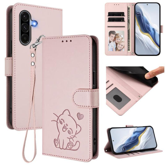 Embossed Heart Cat Leather Phone Case with Hand Strap, For Samsung Galaxy A56 / A36 5G, For Samsung Galaxy A05 / M05 4G, For Samsung Galaxy A16 4G / 5G, For Samsung Galaxy A05s / F14 4G