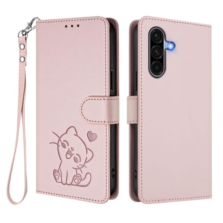 Embossed Heart Cat Leather Phone Case with Hand Strap, For Samsung Galaxy A56 / A36 5G, For Samsung Galaxy A05 / M05 4G, For Samsung Galaxy A16 4G / 5G, For Samsung Galaxy A05s / F14 4G