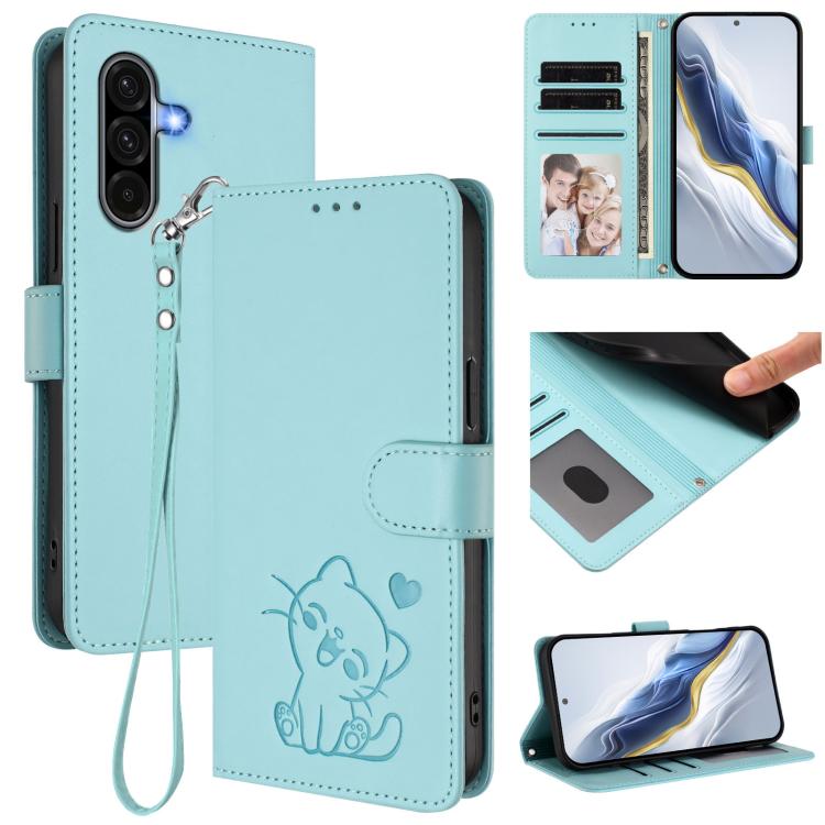 Embossed Heart Cat Leather Phone Case with Hand Strap, For Samsung Galaxy A56 / A36 5G, For Samsung Galaxy A05 / M05 4G, For Samsung Galaxy A16 4G / 5G, For Samsung Galaxy A05s / F14 4G
