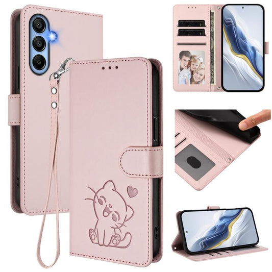 Embossed Heart Cat Leather Phone Case with Hand Strap, For Samsung Galaxy A15 4G / 5G, For Samsung Galaxy A55 5G, For Samsung Galaxy A35 5G, For Samsung Galaxy A25 5G Global