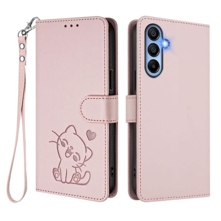 Embossed Heart Cat Leather Phone Case with Hand Strap, For Samsung Galaxy A15 4G / 5G, For Samsung Galaxy A55 5G, For Samsung Galaxy A35 5G, For Samsung Galaxy A25 5G Global
