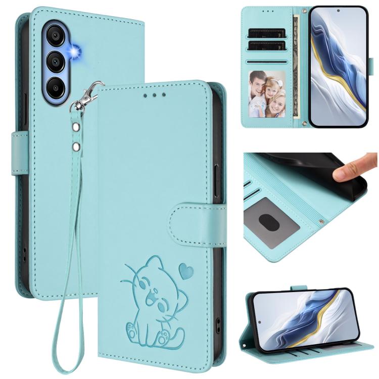 Embossed Heart Cat Leather Phone Case with Hand Strap, For Samsung Galaxy A15 4G / 5G, For Samsung Galaxy A55 5G, For Samsung Galaxy A35 5G, For Samsung Galaxy A25 5G Global