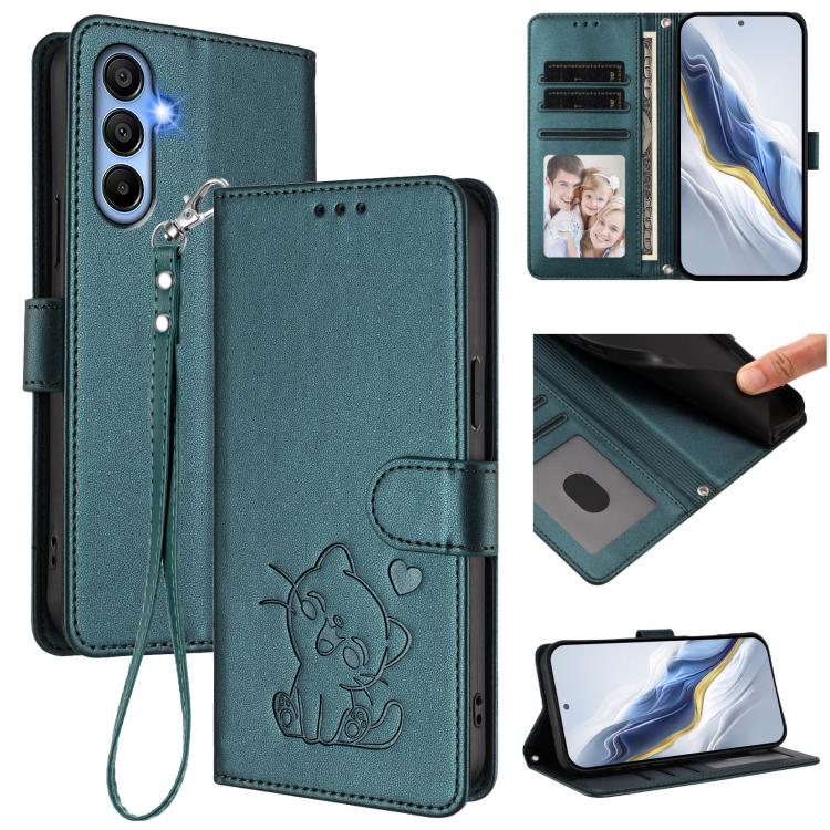 Embossed Heart Cat Leather Phone Case with Hand Strap, For Samsung Galaxy A15 4G / 5G, For Samsung Galaxy A55 5G, For Samsung Galaxy A35 5G, For Samsung Galaxy A25 5G Global