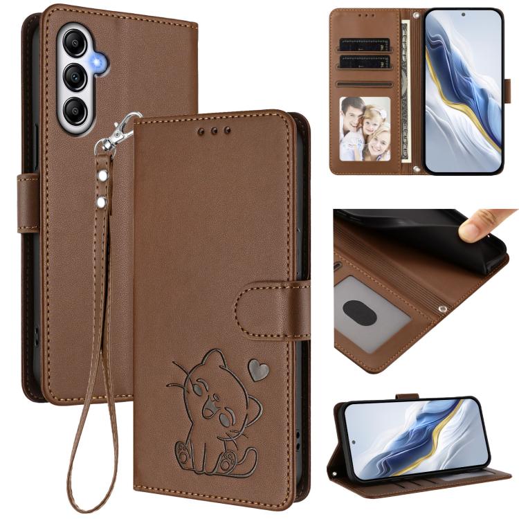Embossed Heart Cat Leather Phone Case with Hand Strap, For Samsung Galaxy A15 4G / 5G, For Samsung Galaxy A55 5G, For Samsung Galaxy A35 5G, For Samsung Galaxy A25 5G Global