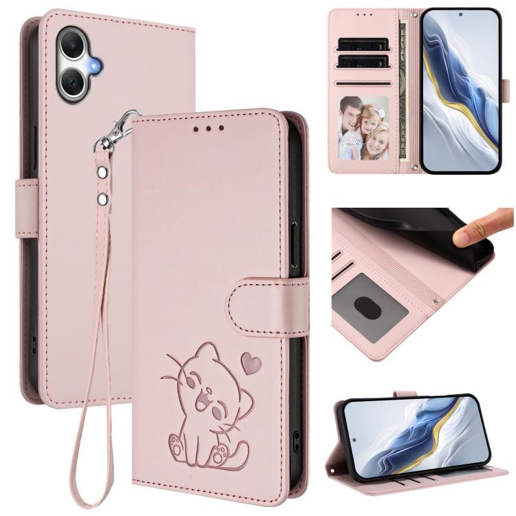 Embossed Heart Cat Leather Phone Case with Hand Strap, For Samsung Galaxy A56 / A36 5G, For Samsung Galaxy A05 / M05 4G, For Samsung Galaxy A16 4G / 5G, For Samsung Galaxy A05s / F14 4G
