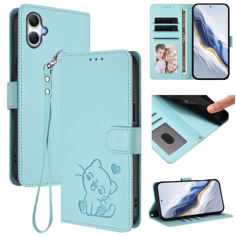 Embossed Heart Cat Leather Phone Case with Hand Strap, For Samsung Galaxy A56 / A36 5G, For Samsung Galaxy A05 / M05 4G, For Samsung Galaxy A16 4G / 5G, For Samsung Galaxy A05s / F14 4G