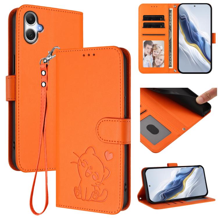 Embossed Heart Cat Leather Phone Case with Hand Strap, For Samsung Galaxy A56 / A36 5G, For Samsung Galaxy A05 / M05 4G, For Samsung Galaxy A16 4G / 5G, For Samsung Galaxy A05s / F14 4G