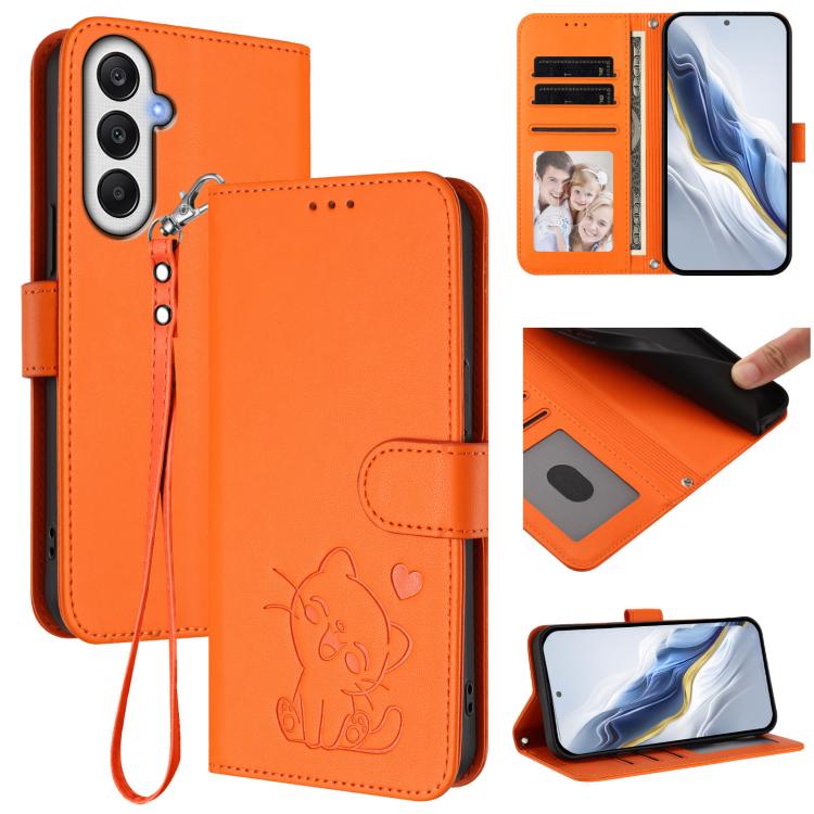 Embossed Heart Cat Leather Phone Case with Hand Strap, For Samsung Galaxy A56 / A36 5G, For Samsung Galaxy A05 / M05 4G, For Samsung Galaxy A16 4G / 5G, For Samsung Galaxy A05s / F14 4G