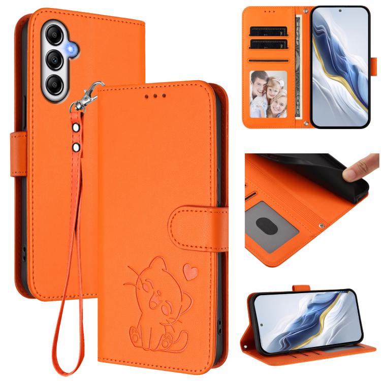 Embossed Heart Cat Leather Phone Case with Hand Strap, For Samsung Galaxy A15 4G / 5G, For Samsung Galaxy A55 5G, For Samsung Galaxy A35 5G, For Samsung Galaxy A25 5G Global