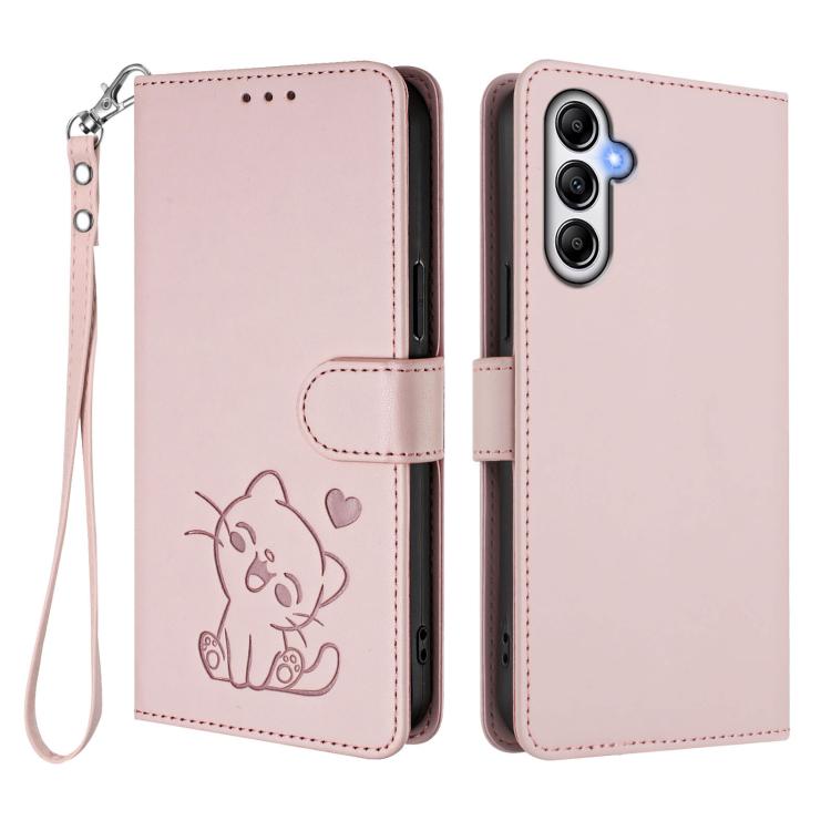 Embossed Heart Cat Leather Phone Case with Hand Strap, For Samsung Galaxy A24 4G, For Samsung Galaxy A23 4G / 5G, For Samsung Galaxy A04e 4G / F04, For Samsung Galaxy A14 4G / 5G