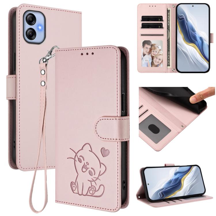 Embossed Heart Cat Leather Phone Case with Hand Strap, For Samsung Galaxy A24 4G, For Samsung Galaxy A23 4G / 5G, For Samsung Galaxy A04e 4G / F04, For Samsung Galaxy A14 4G / 5G