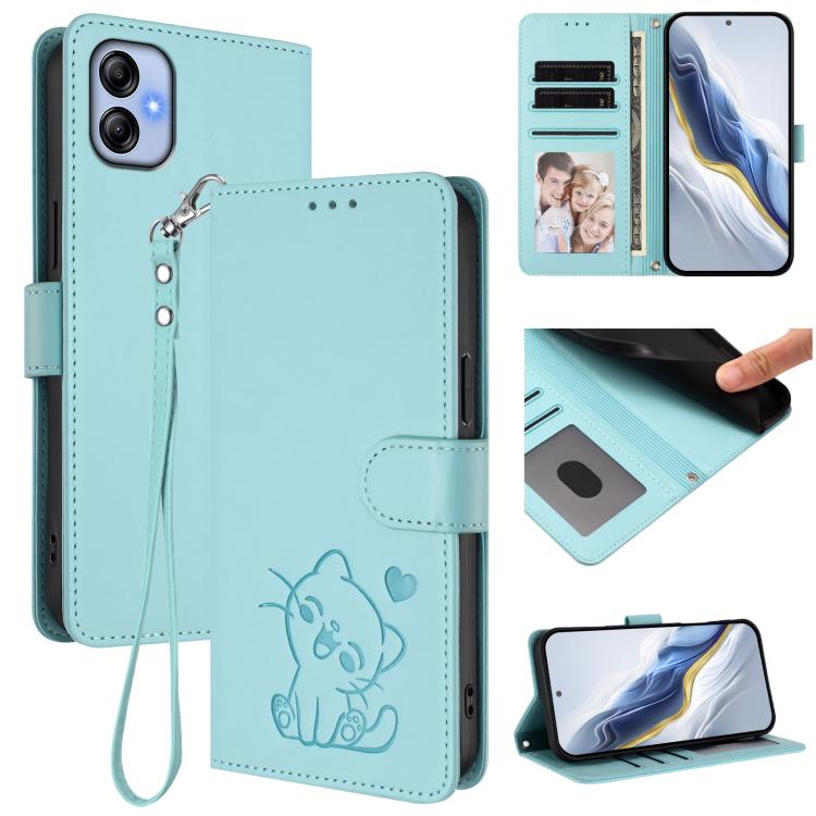 Embossed Heart Cat Leather Phone Case with Hand Strap, For Samsung Galaxy A24 4G, For Samsung Galaxy A23 4G / 5G, For Samsung Galaxy A04e 4G / F04, For Samsung Galaxy A14 4G / 5G
