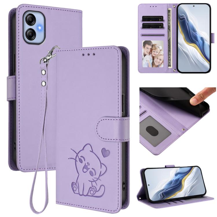 Embossed Heart Cat Leather Phone Case with Hand Strap, For Samsung Galaxy A24 4G, For Samsung Galaxy A23 4G / 5G, For Samsung Galaxy A04e 4G / F04, For Samsung Galaxy A14 4G / 5G