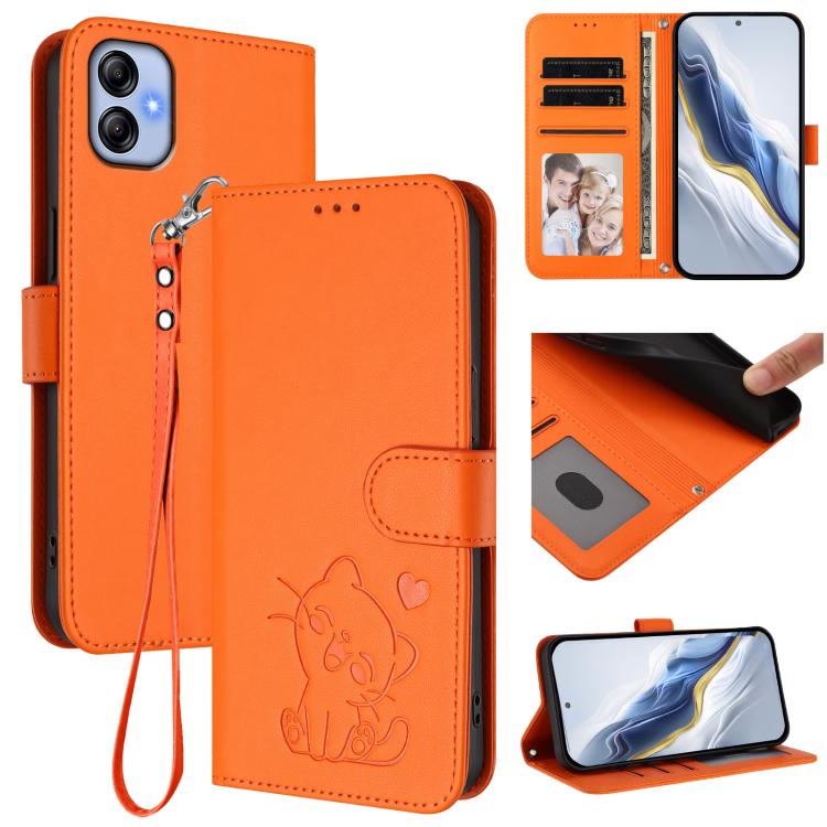 Embossed Heart Cat Leather Phone Case with Hand Strap, For Samsung Galaxy A24 4G, For Samsung Galaxy A23 4G / 5G, For Samsung Galaxy A04e 4G / F04, For Samsung Galaxy A14 4G / 5G