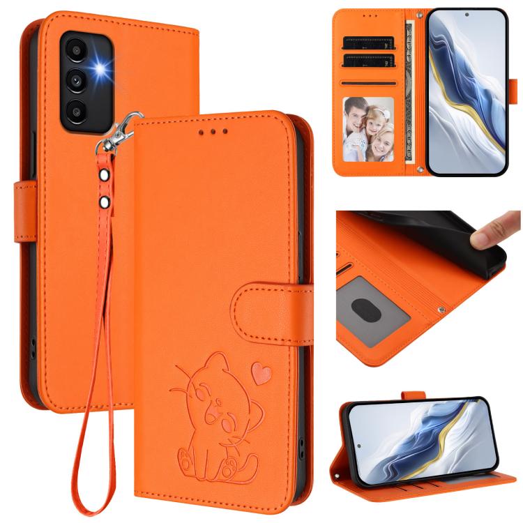 Embossed Heart Cat Leather Phone Case with Hand Strap, For Samsung Galaxy A34 5G, For Samsung Galaxy A54 5G, For Samsung Galaxy A13 4G / 5G, For Samsung Galaxy A53 5G