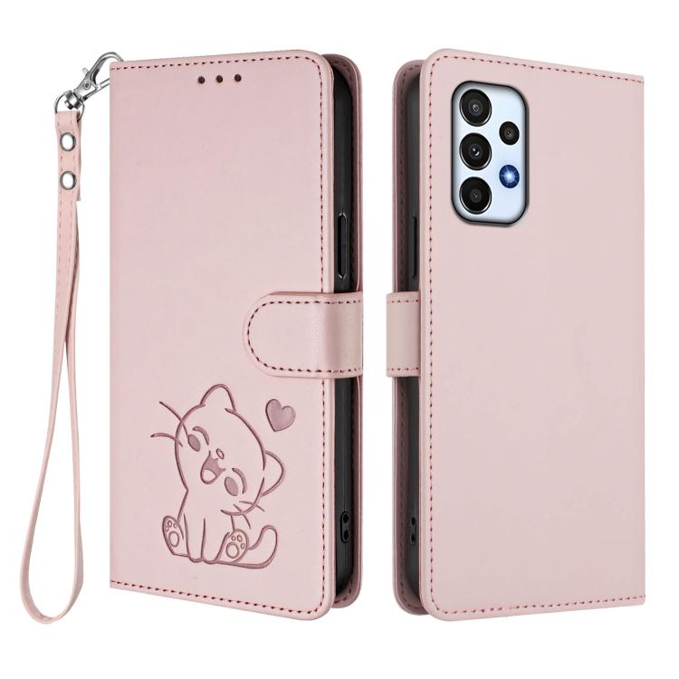 Embossed Heart Cat Leather Phone Case with Hand Strap, For Samsung Galaxy A73 5G, For Samsung Galaxy A33 5G