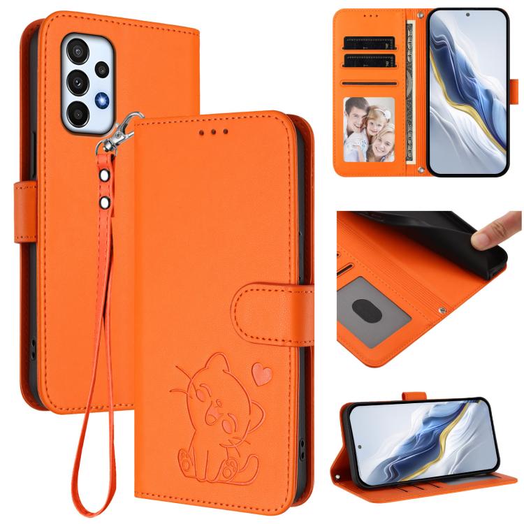 Embossed Heart Cat Leather Phone Case with Hand Strap, For Samsung Galaxy A73 5G, For Samsung Galaxy A33 5G